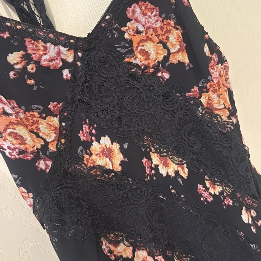 Free People black floral asymmetrical midi dress, size 2